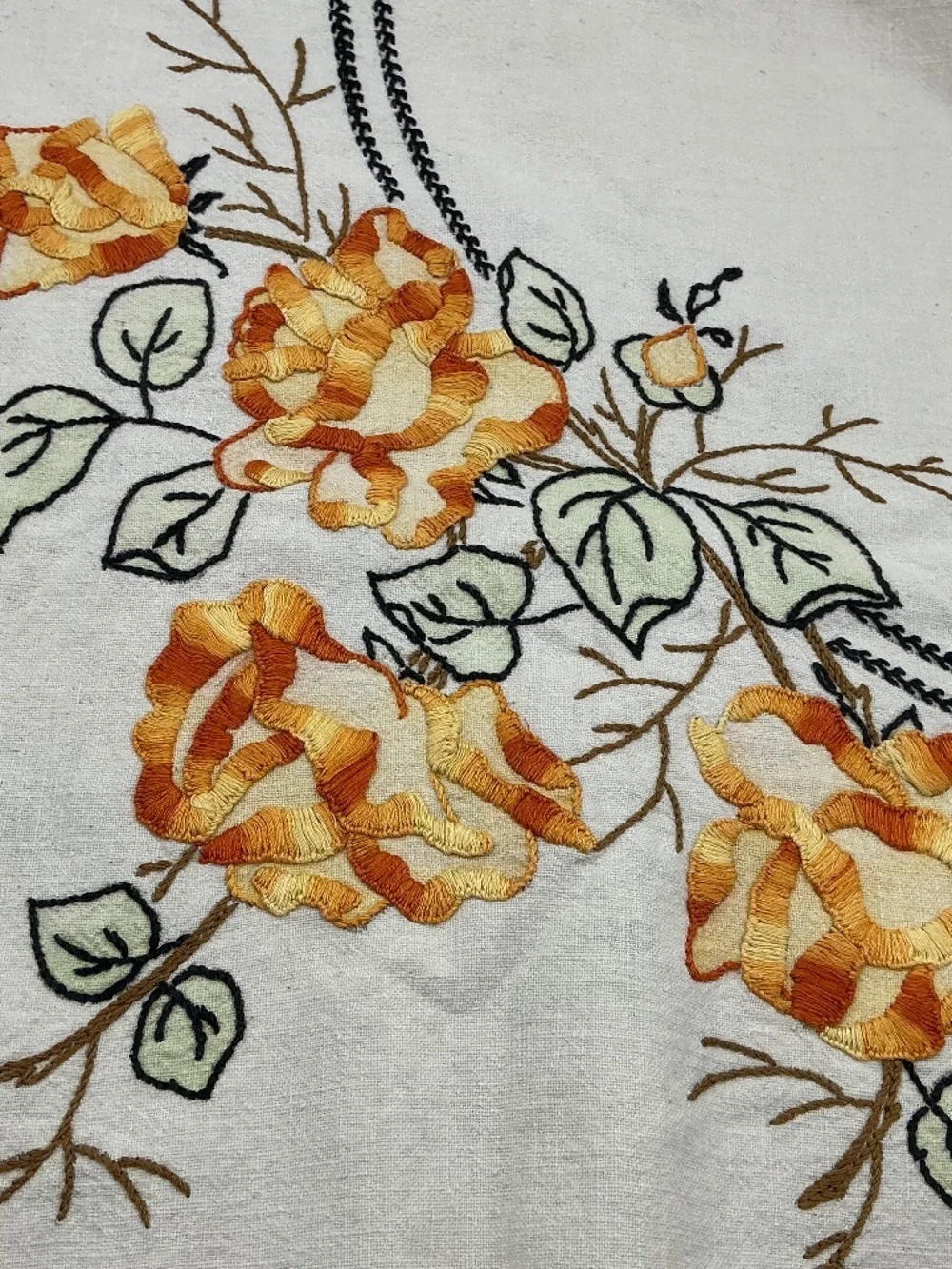 Vintage Hand Embroidered Floral Tablecloth